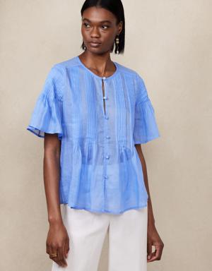 Petite Ramie Pintuck Shirt blue