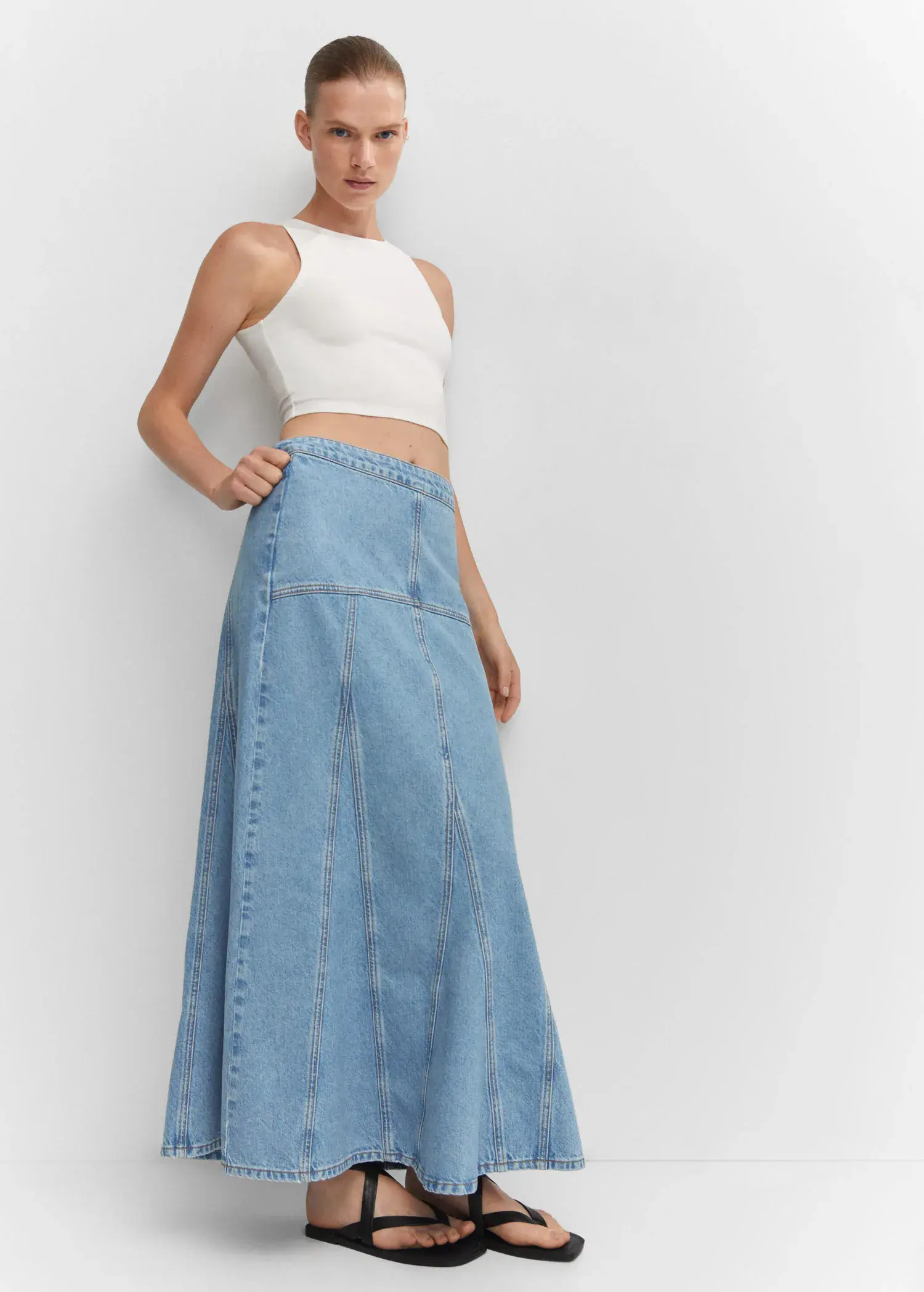 Mango Long denim skirt with seams. 1