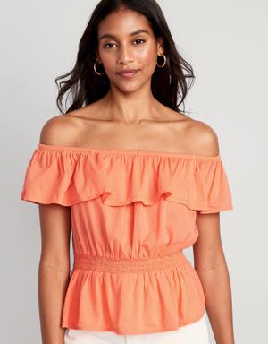 Off-The-Shoulder Waist-Defined Smocked Blouse for Women orange