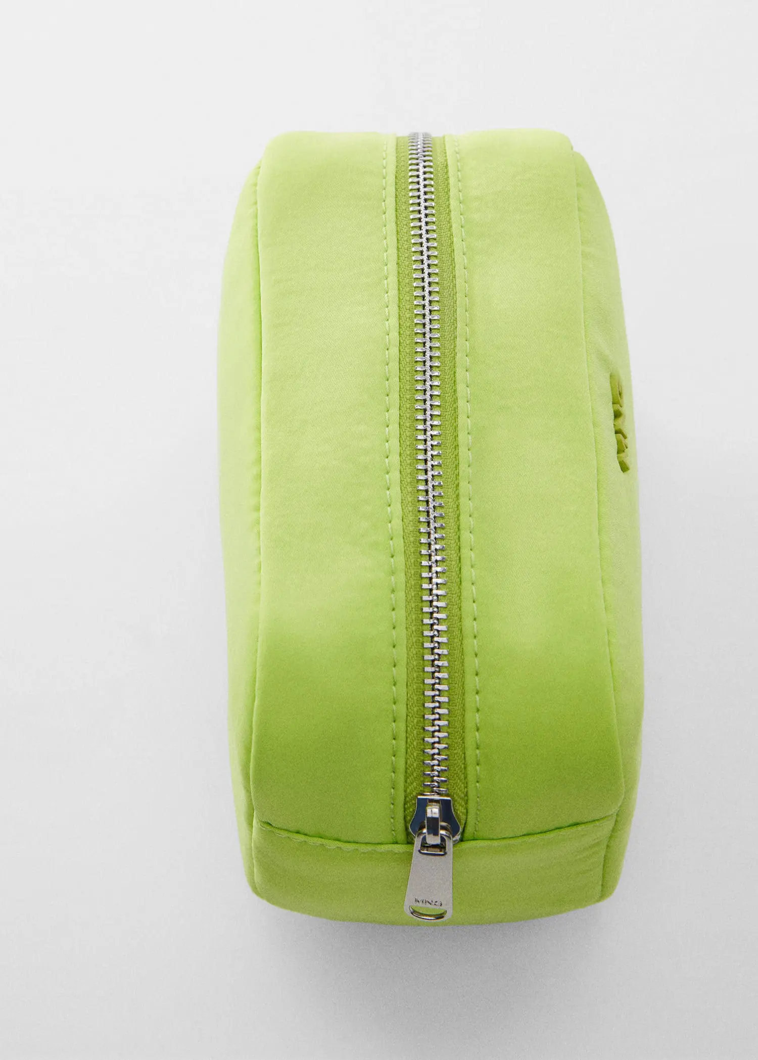 Mango Zippered toiletry bag with logo. a lime green bag with a silver zippered closure. 
