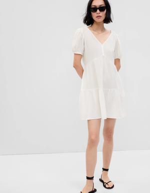 Crinkle Gauze Puff Sleeve Tiered Mini Dress white