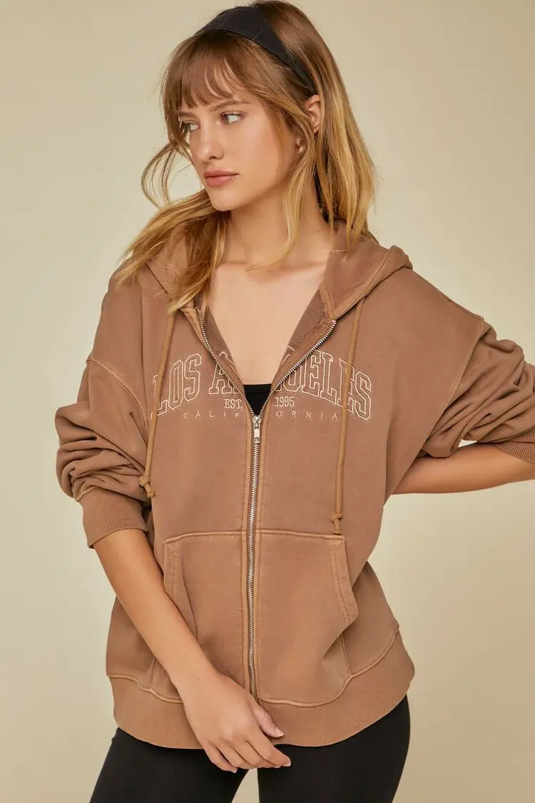 Forever 21 Forever 21 Los Angeles Graphic Zip Up Hoodie Brown/Cream. 1