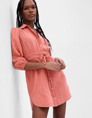 Crinkle Gauze Mini Shirt Dress pink