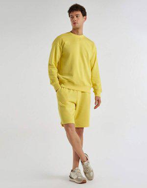 Erkek Sarı %100 Koton Bisiklet Yaka Basic Sweatshirt