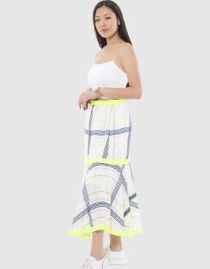 Neon Strip Detailed Shirted Plaid Linen Skirt