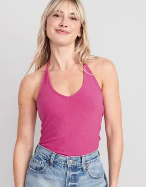 Rib-Knit V-Neck Cropped Halter Top for Women pink