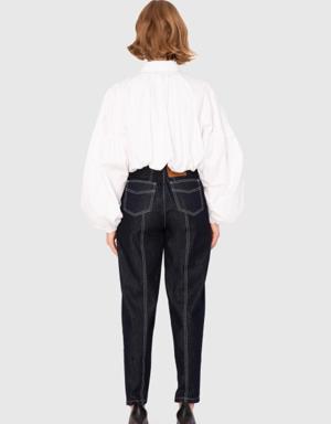 Jean Contrast Stitched Wide Leg Blue Trousers