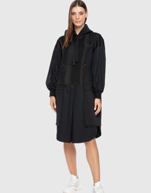 Contrast Fabric Garnish Hooded Zipper Black Dress