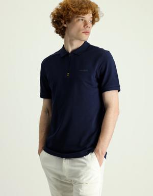Polo Yaka Slim Fit Fermuarlı Baskılı Tişört