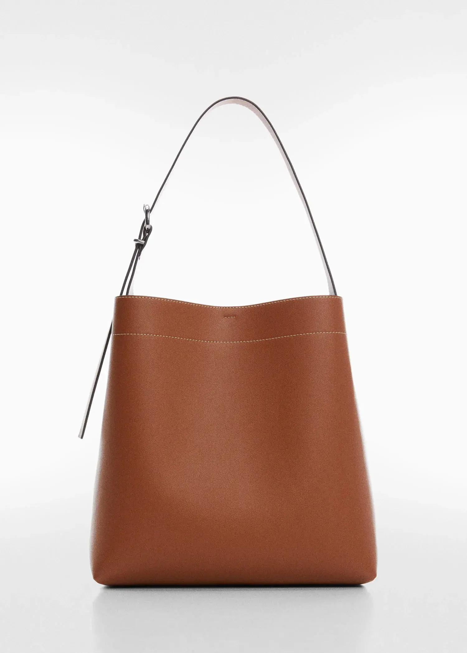 Mango Short handle shopper bag. a brown bag is shown with a silver handle. 