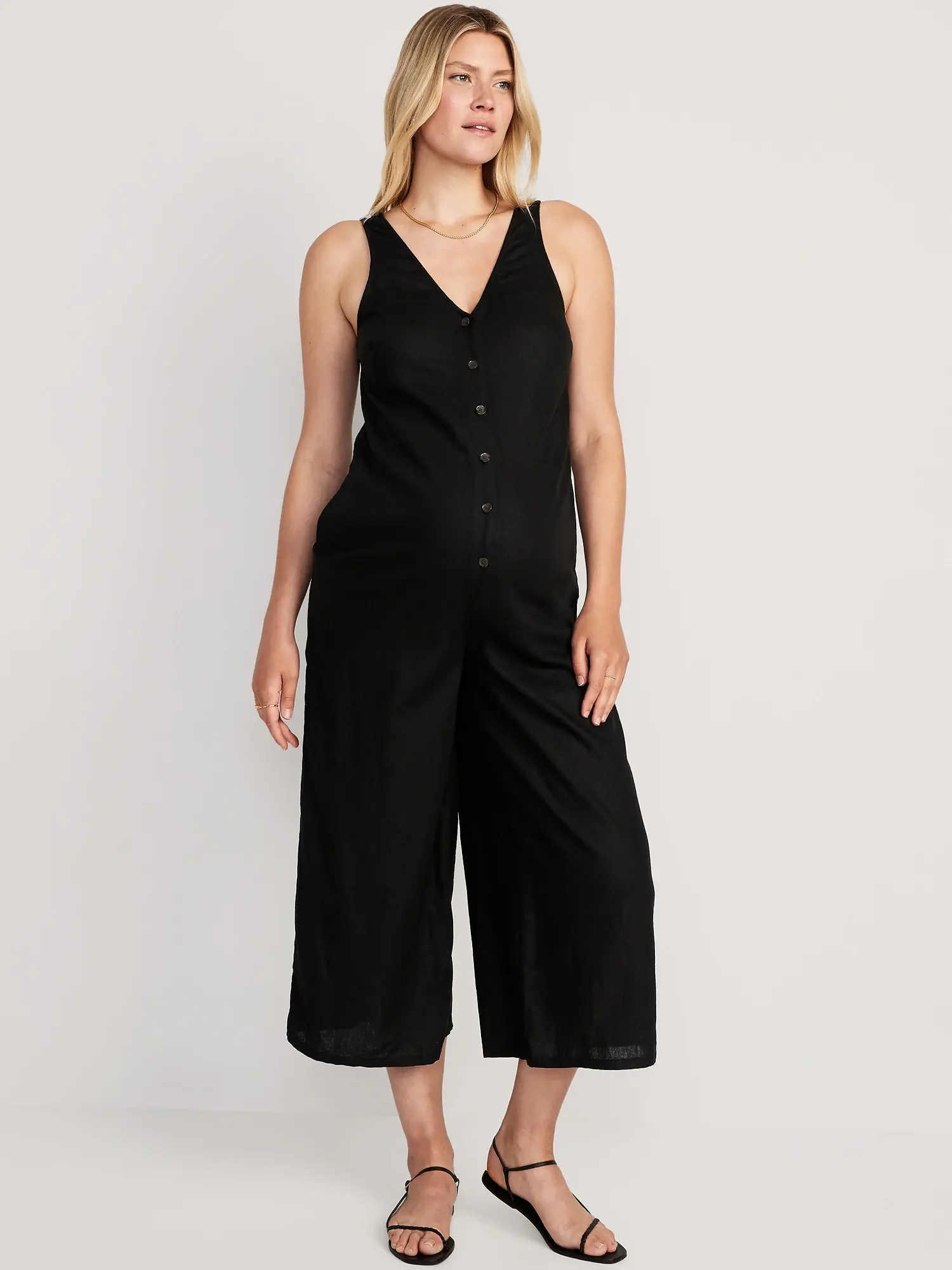 Old Navy Maternity Sleeveless Linen-Blend Cropped Henley Jumpsuit black. 1