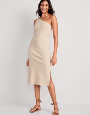 Old Navy Fitted One-Shoulder Double-Strap Rib-Knit Midi Dress for Women beige