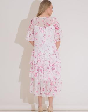 Floral Pattern V-Neck Ruffle Midi Length Pink Dress