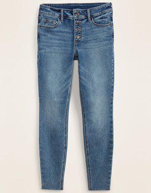 Mid-Rise Button-Fly Rockstar Super Skinny Cut-Off Ankle Jeans for Women blue