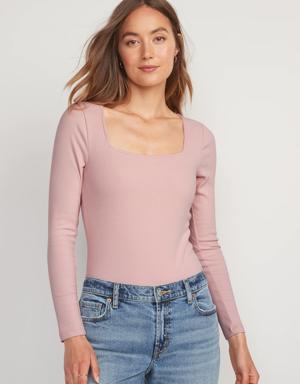 Long-Sleeve Square-Neck Rib-Knit Bodysuit for Women pink