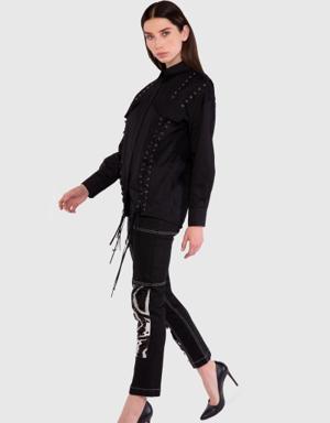 Lace Detailed Poplin Black Shirt