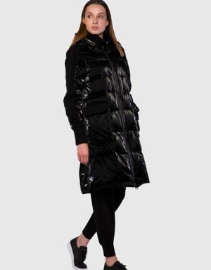Long Inflatable Black Parka With Knitwear Detailed Fur Hooded