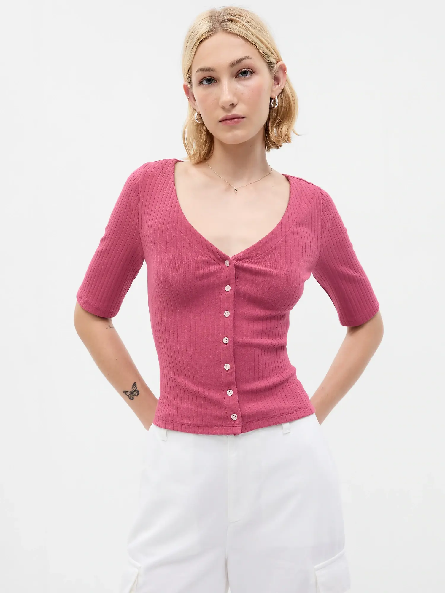 Gap Modern V-Neck Rib Cardigan pink. 1