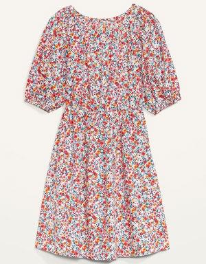 Waist-Defined Puff-Sleeve Floral Cotton-Poplin Mini Dress for Women
