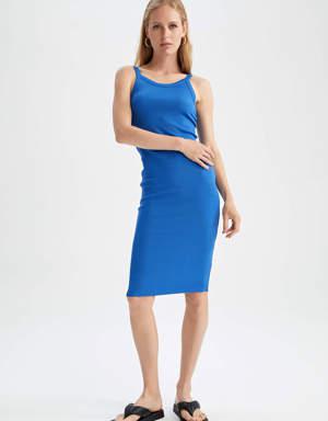 Bodycon Askılı Midi Örme Elbise