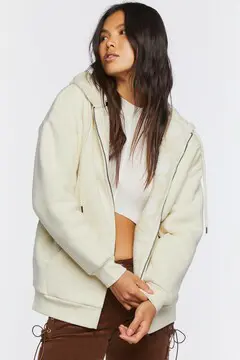 Forever 21 Forever 21 Faux Shearling Zip Up Hoodie Vanilla. 2