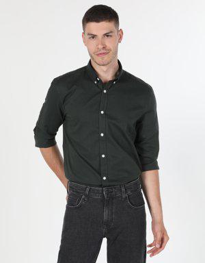 Slim Fit Shirt Neck Erkek Haki Uzun Kol Gömlek