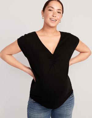Maternity Linen-Blend V-Neck Shirred T-Shirt black
