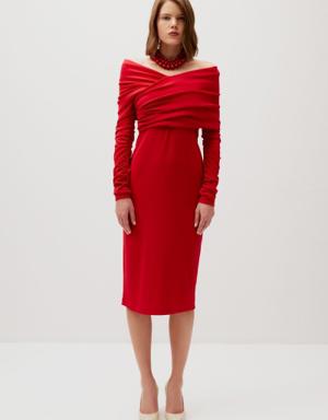 Asymmetrical Collar Detailed Slim Fit Red Dress