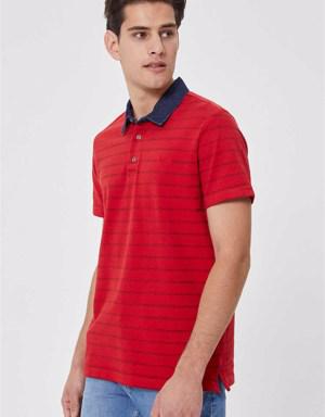 Matty Erkek Denim Yaka T-Shirt Kırmızı Çizgili
