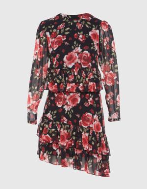 Ruffle Detailed Rose Pattern Black Short Chiffon Dress