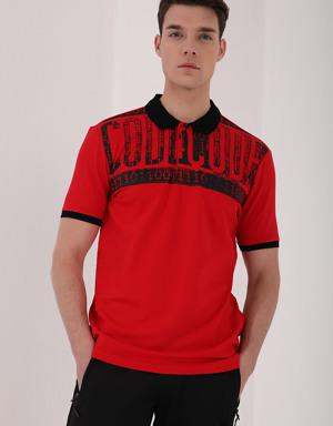 Kırmızı Eskitme Yazı Baskılı Standart Kalıp Polo Yaka Erkek T-Shirt - 87929