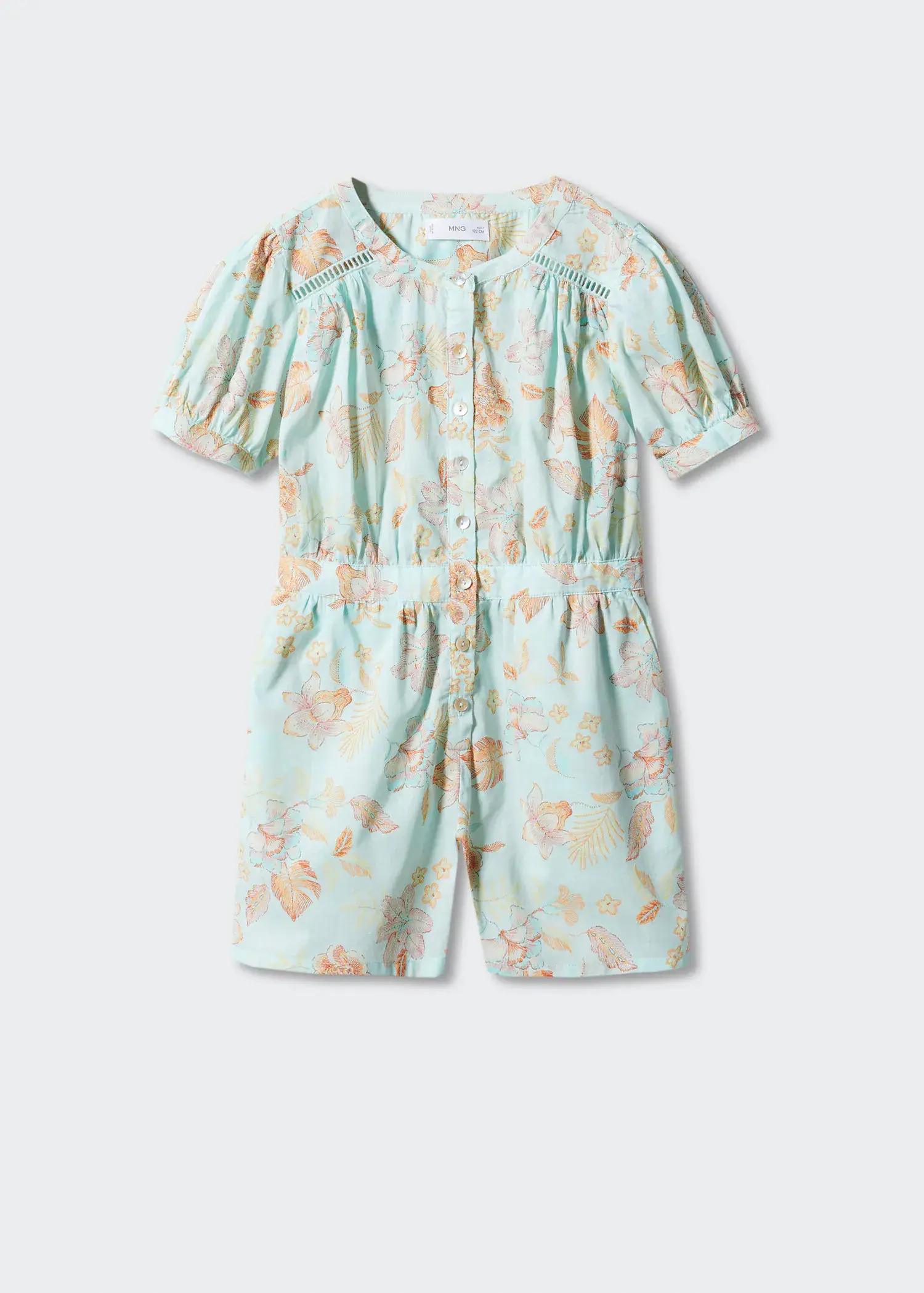 Mango Printed short jumpsuit. a light blue and white floral print romper. 