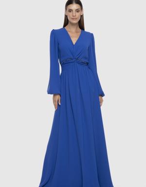 V Neck Long Blue Dress