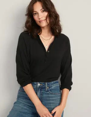 Long-Sleeve Loose Slub-Knit Henley T-Shirt for Women black