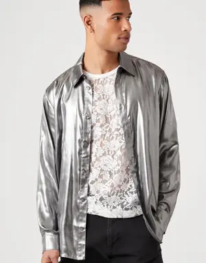 Forever 21 Metallic Long Sleeve Shirt Silver