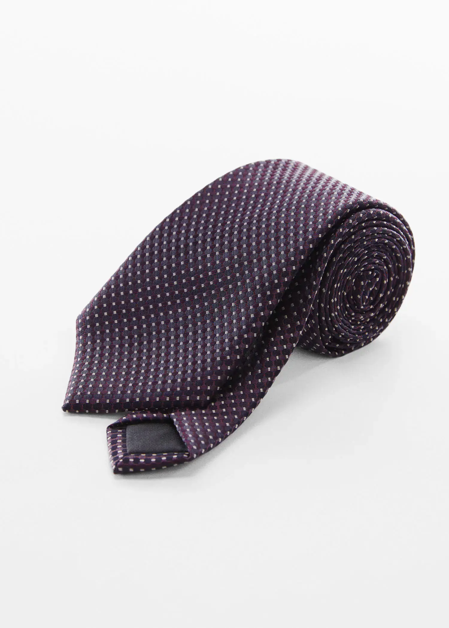 Mango Tie with micro polka-dot structure. a purple tie with white polka dots on it. 
