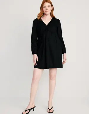 Long-Sleeve V-Neck Clip-Dot Mini Swing Dress for Women black