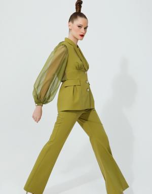 Sırtı Transparan Şifon Detaylı Tasarım Ceket ve İspanyol Paçalı Yüksel Bel Pantolonlu Haki Kadın Takım Elbise