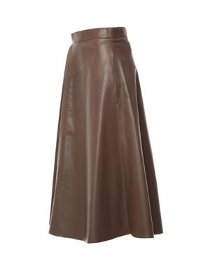 A Brown Leather Skirt With Pleating On The Left Side And An Asymmetric Design