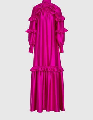 Ruffle Detailed Pink Long Evening Dress