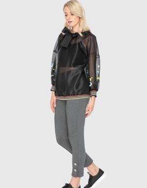 Bow Detailed Colorful Embroidered Organza Transparent Black Sweatshirt