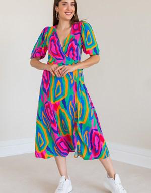 Anvelop Yaka Renkli Midi Elbise - PEMBE