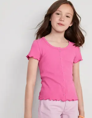 Rib-Knit Button-Front Lettuce-Edge Top for Girls pink