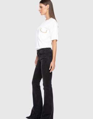 Bead Embroidery Detailed Bell-Length Black Jean Trousers