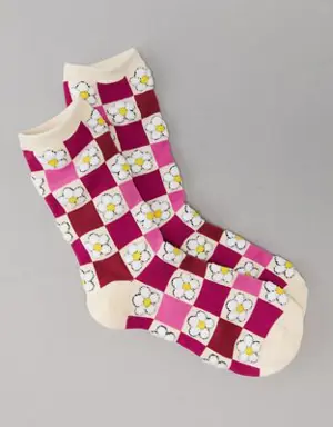 Floral Checkerboard Crew Sock