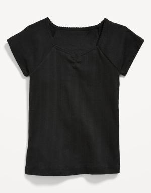 Short-Sleeve Pointelle-Knit Cinched Top for Girls black