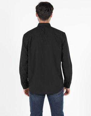 Regular Fit Shirt Neck Erkek Siyah Uzun Kol Gömlek