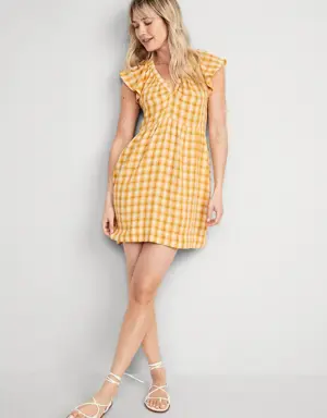 Flutter-Sleeve Plaid Mini Swing Dress for Women yellow