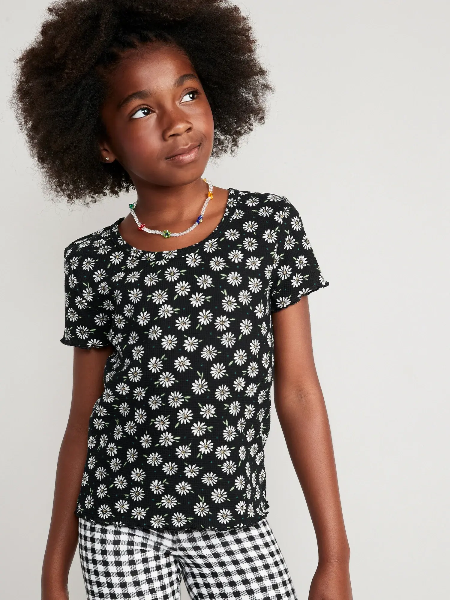 Old Navy Printed Rib-Knit Lettuce-Edge T-Shirt for Girls black. 1