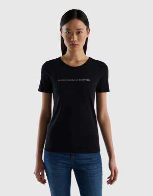 Kadın Siyah Benetton Yazılı Basic Tshirt